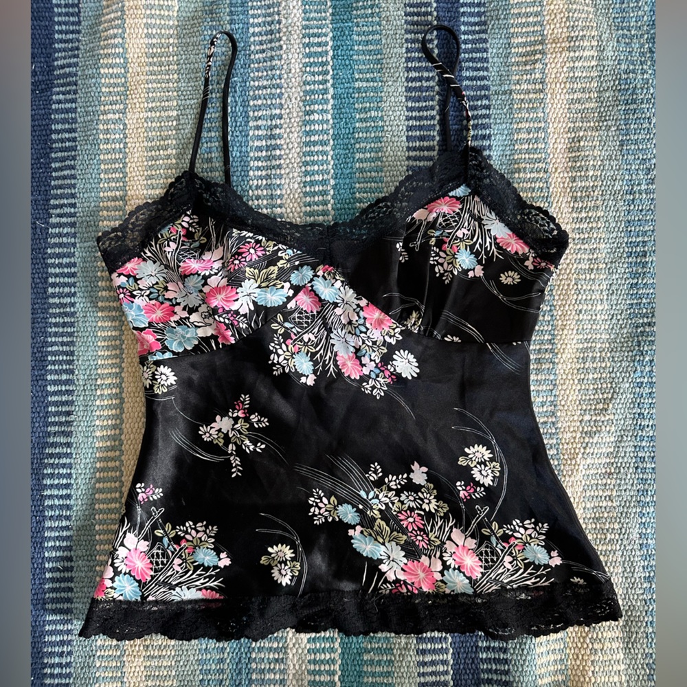 Black Floral Silk Cami with Lace Edges